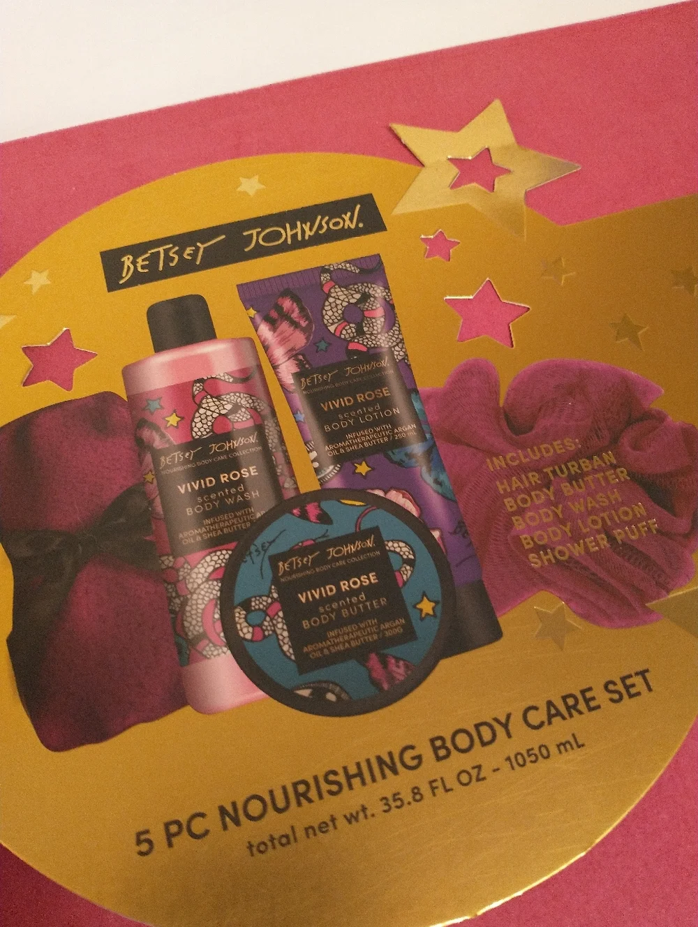 Betsey Johnson Body Care Gift Set, 5 Pieces, Luxury VIVID ROSE Scent Full Size